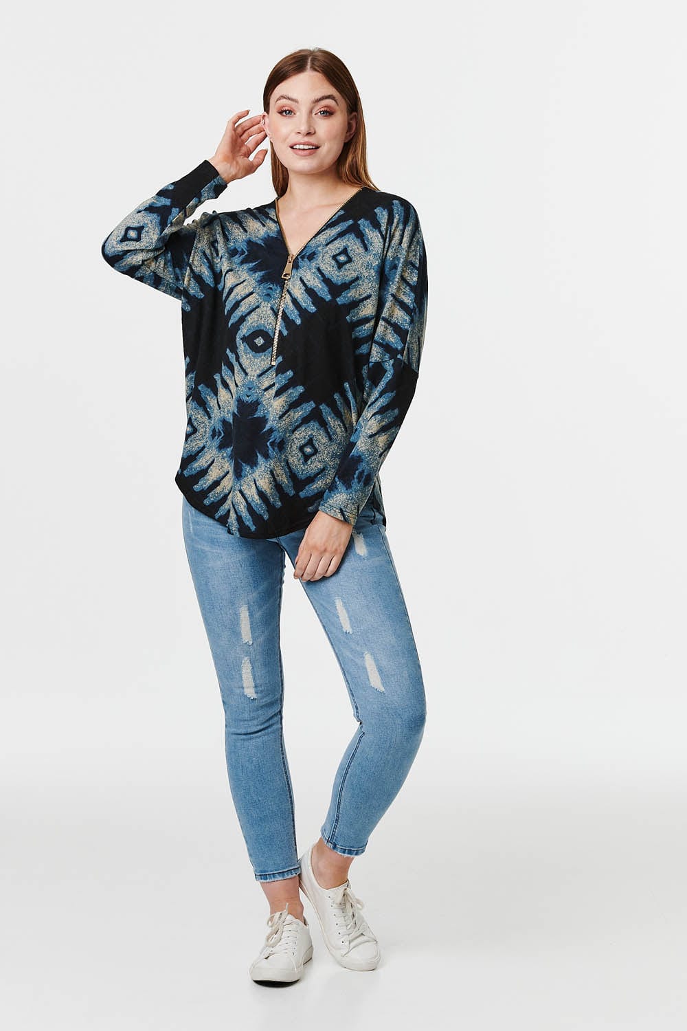 Navy | Tie Dye Zip Front Jumper
