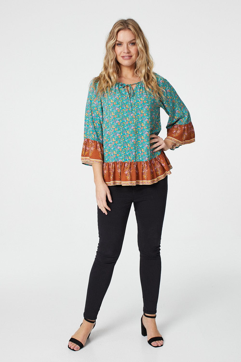 Green | Floral 3/4 Sleeve Smock Blouse