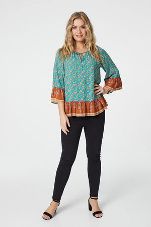 Green | Floral 3/4 Sleeve Smock Blouse