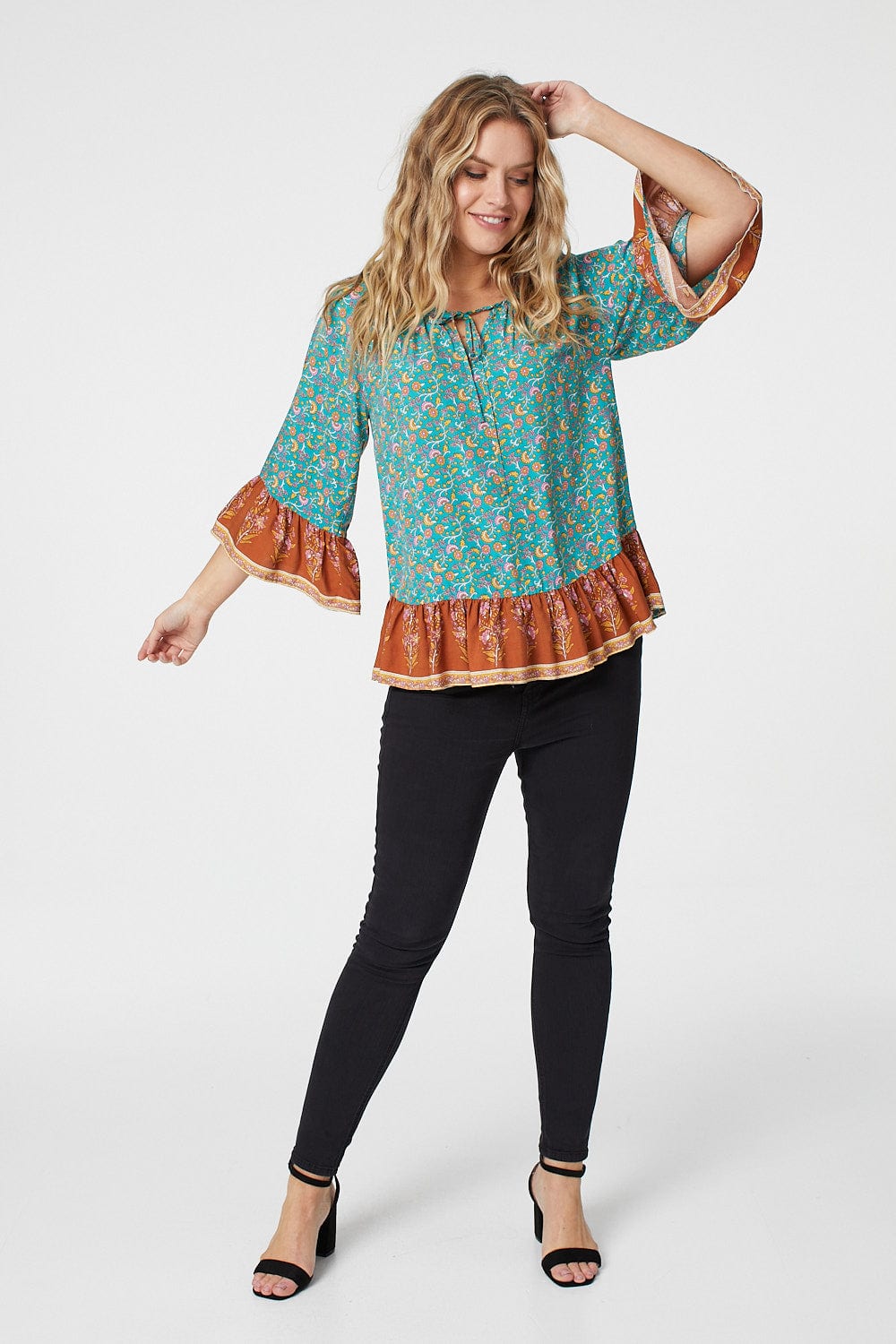 Green | Floral 3/4 Sleeve Smock Blouse