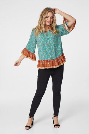 Green | Floral 3/4 Sleeve Smock Blouse