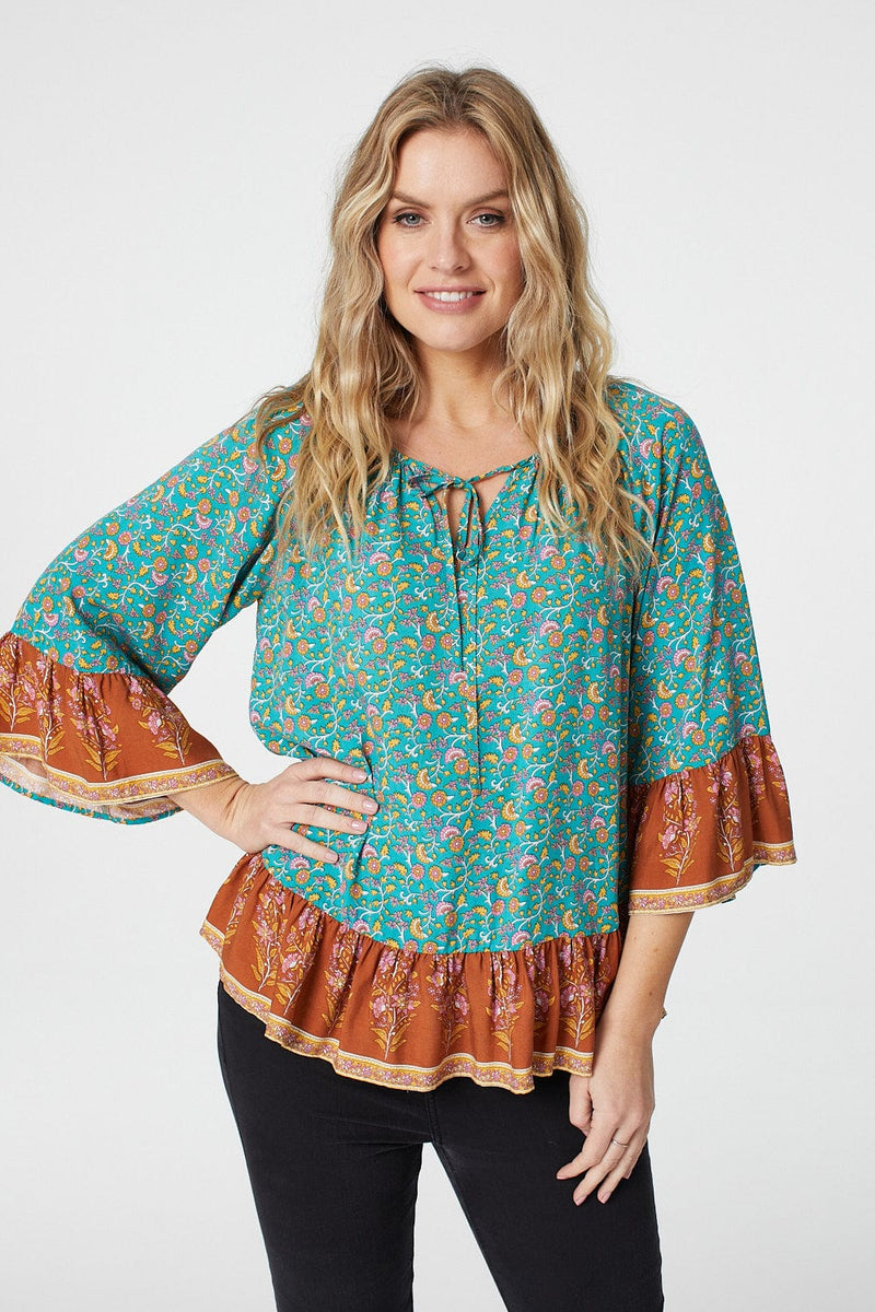 Green | Floral 3/4 Sleeve Smock Blouse