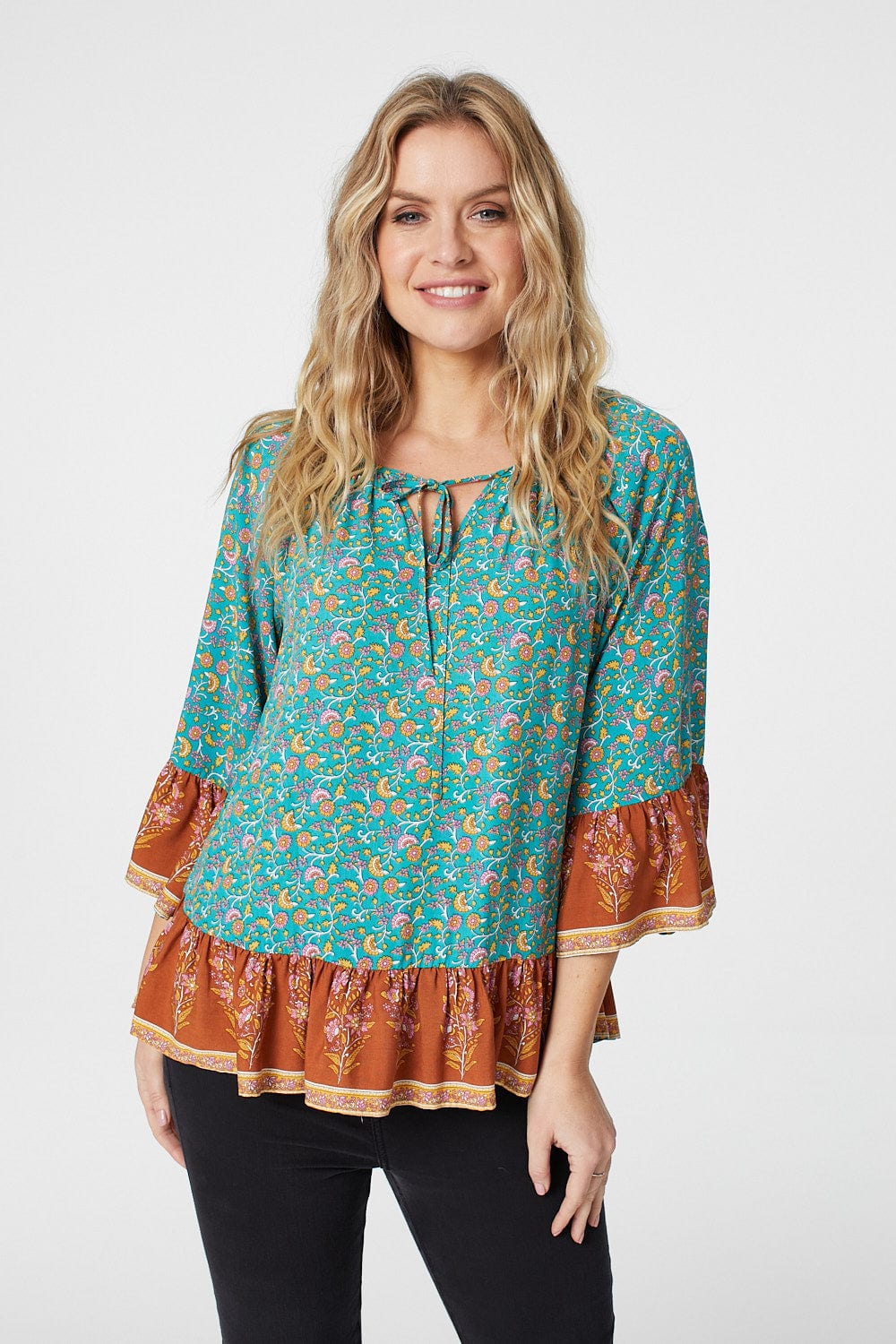 Green | Floral 3/4 Sleeve Smock Blouse