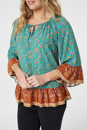 Green | Floral 3/4 Sleeve Smock Blouse