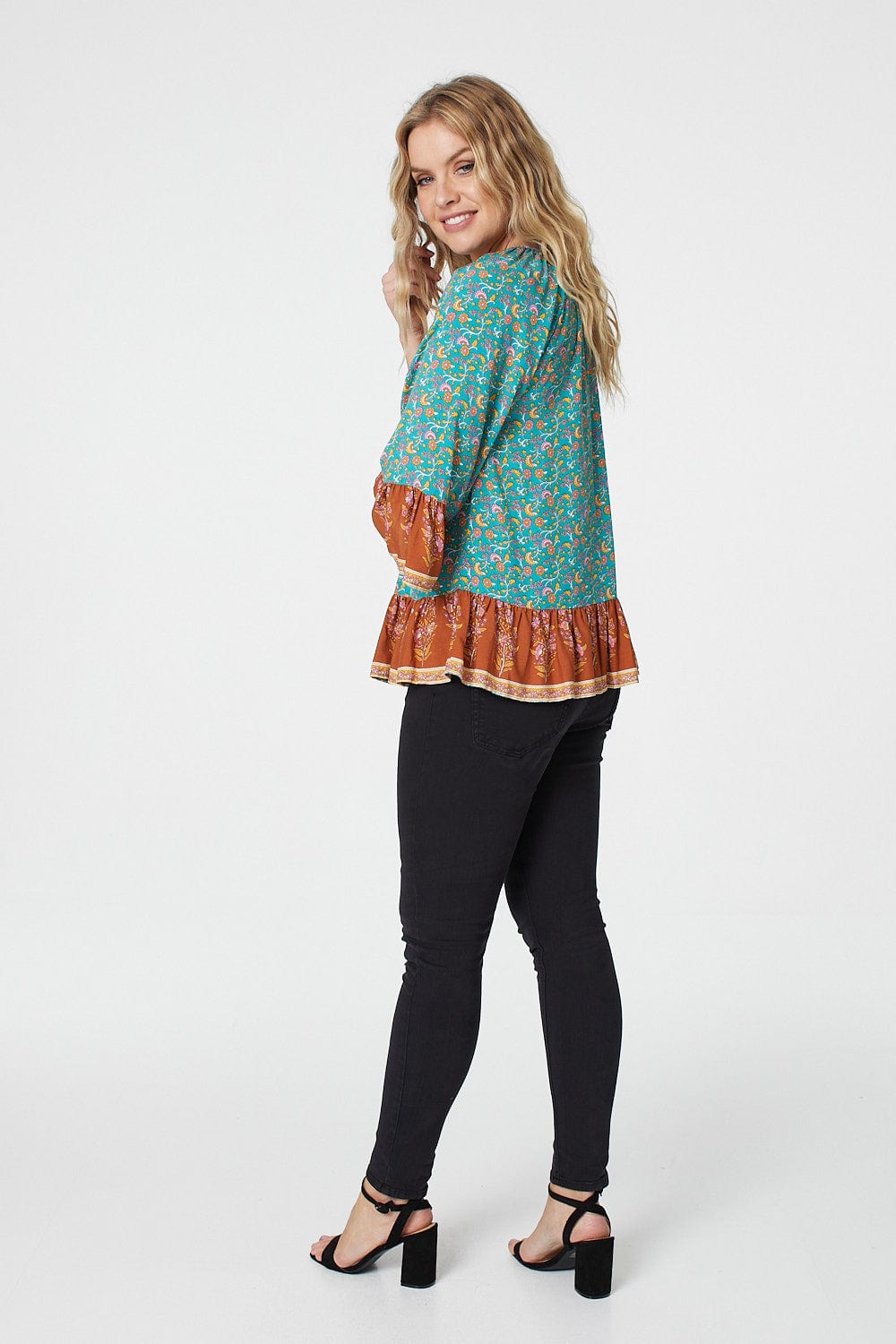 Green | Floral 3/4 Sleeve Smock Blouse