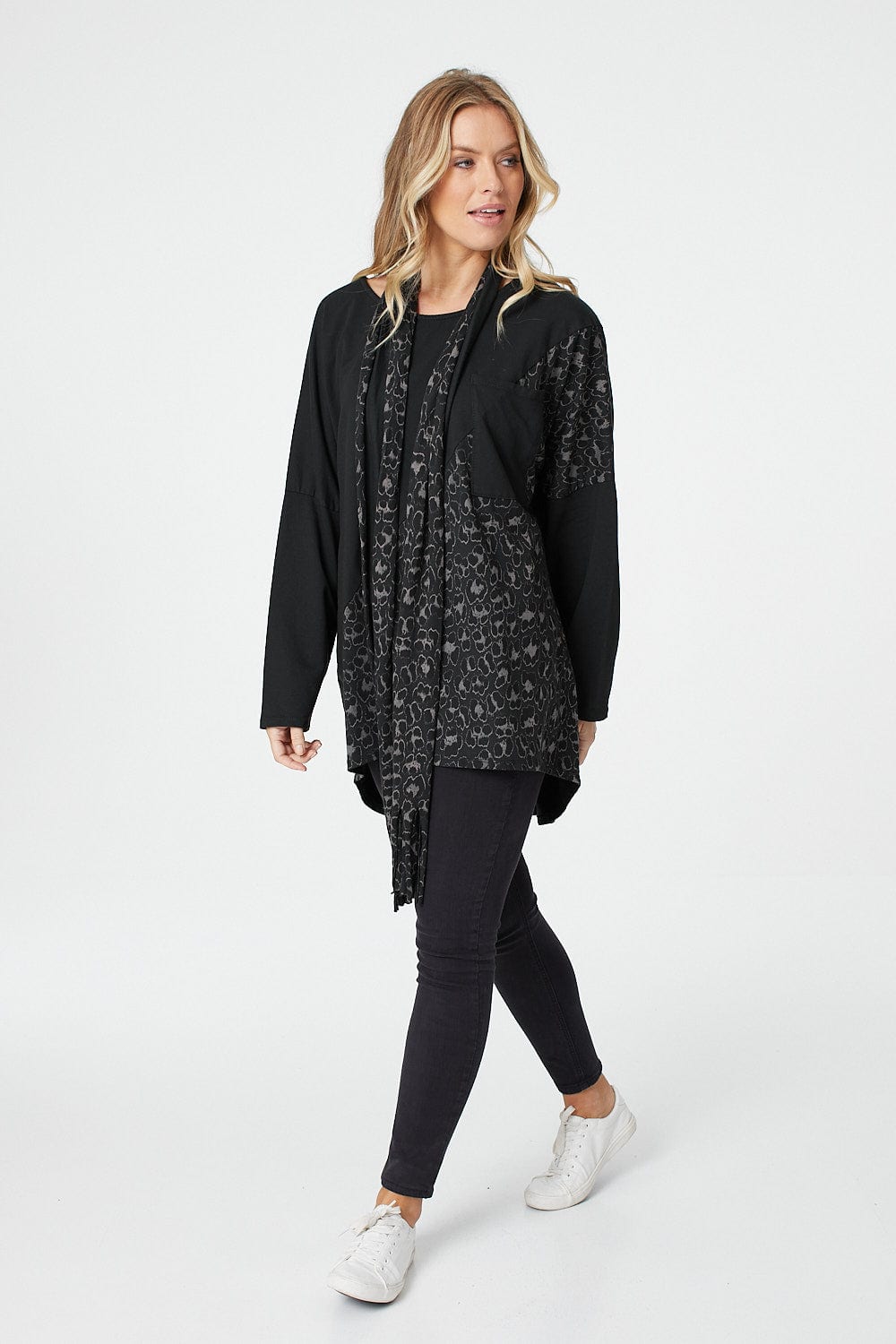 Black | Animal Print Oversized Top with Scarf