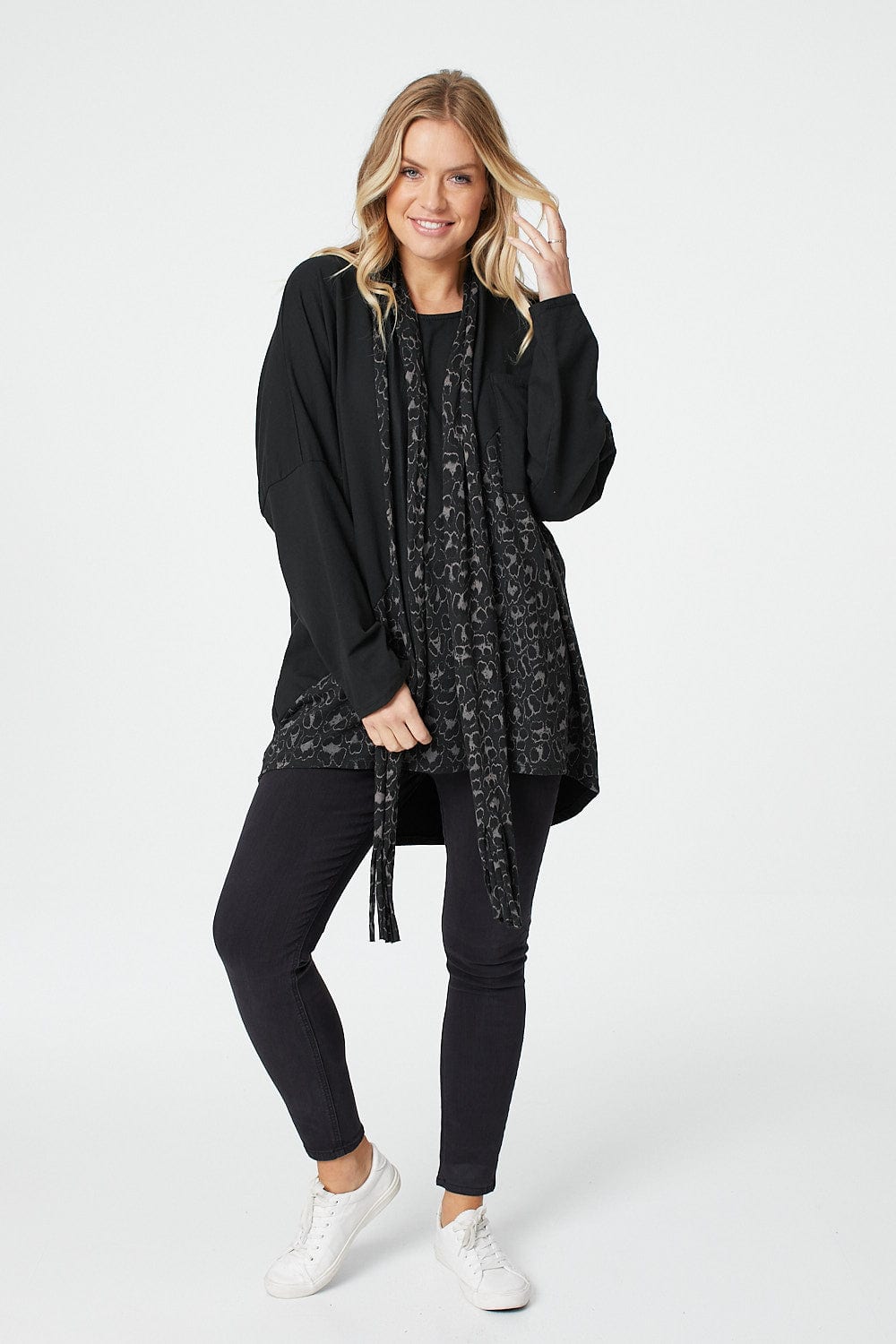 Black | Animal Print Oversized Top with Scarf
