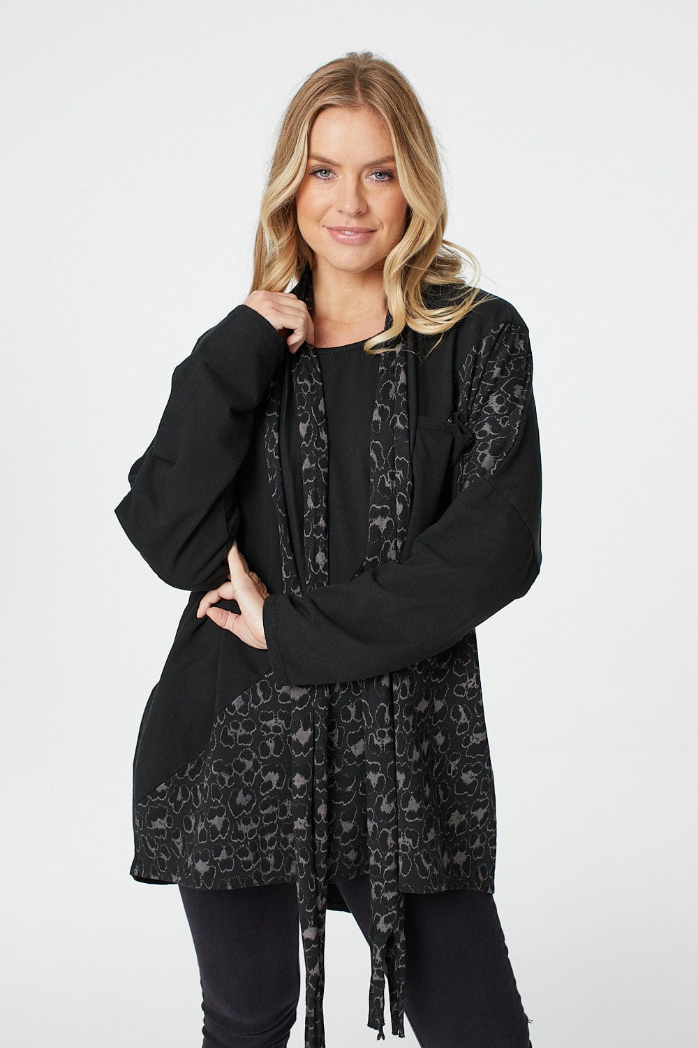 Black | Animal Print Oversized Top with Scarf