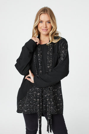 Black | Animal Print Oversized Top with Scarf
