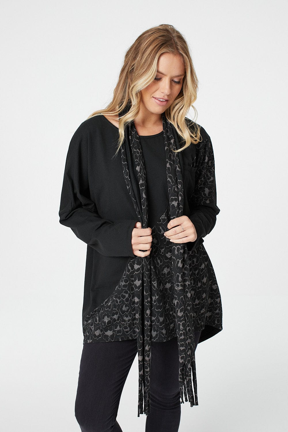 Black | Animal Print Oversized Top with Scarf