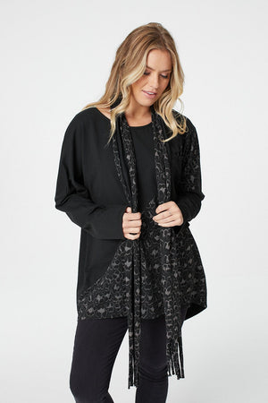 Black | Animal Print Oversized Top with Scarf