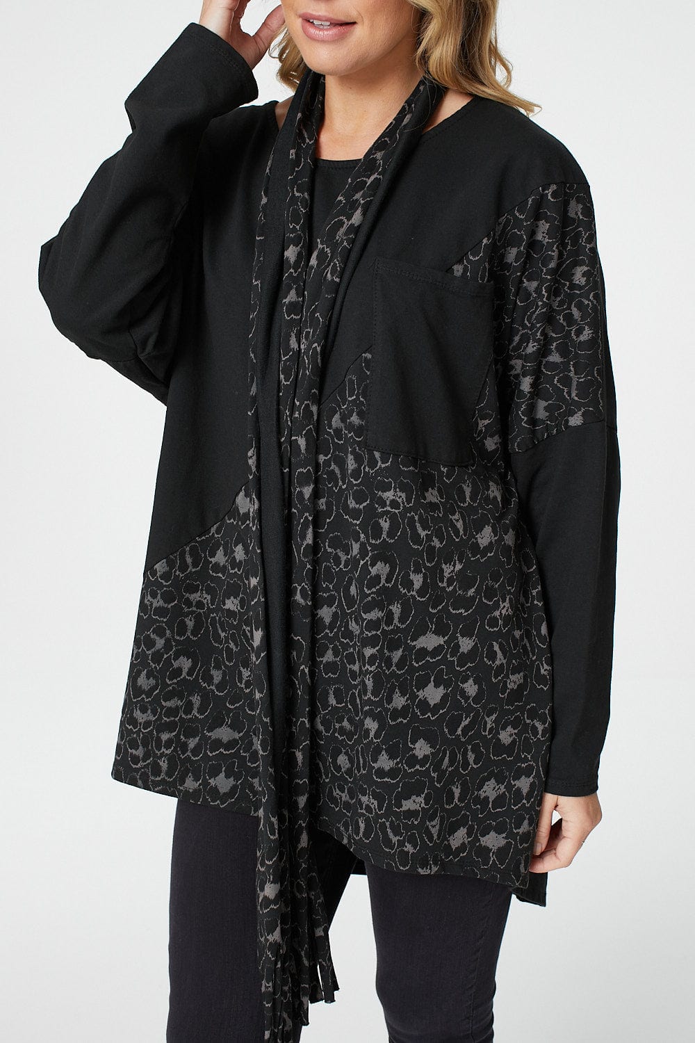 Black | Animal Print Oversized Top with Scarf