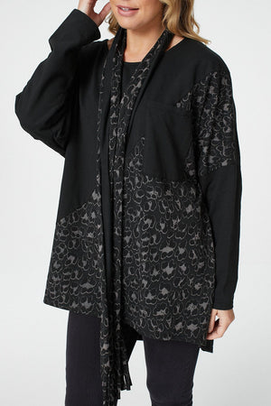 Black | Animal Print Oversized Top with Scarf