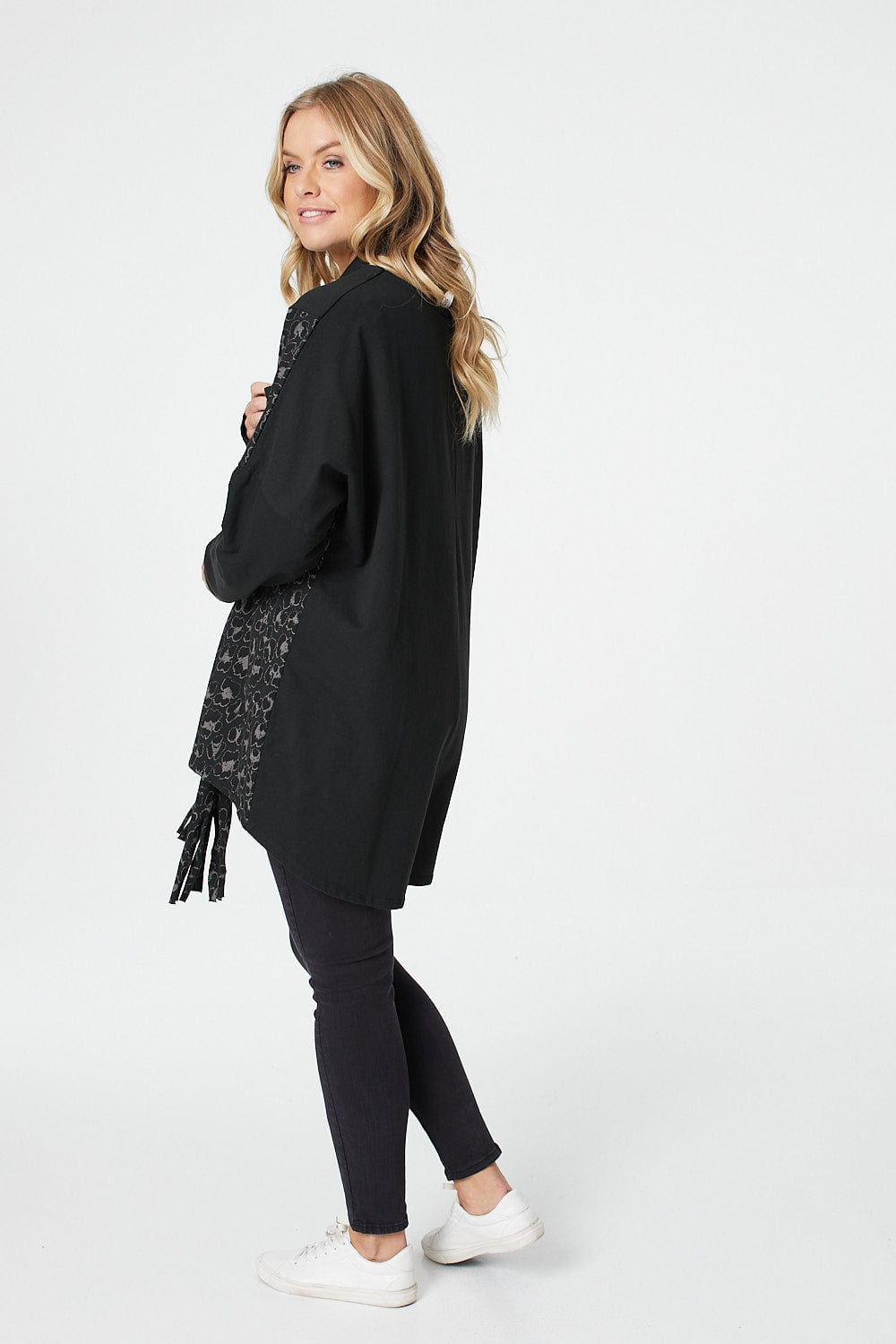 Black | Animal Print Oversized Top with Scarf