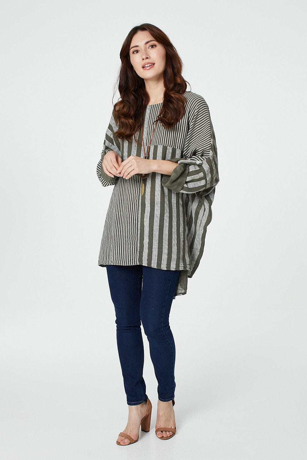 Khaki | Striped Oversized Top with Necklace