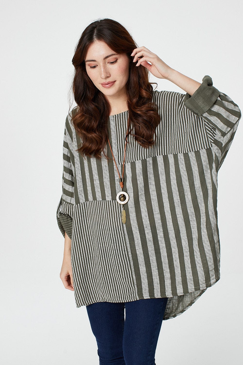Khaki | Striped Oversized Top with Necklace