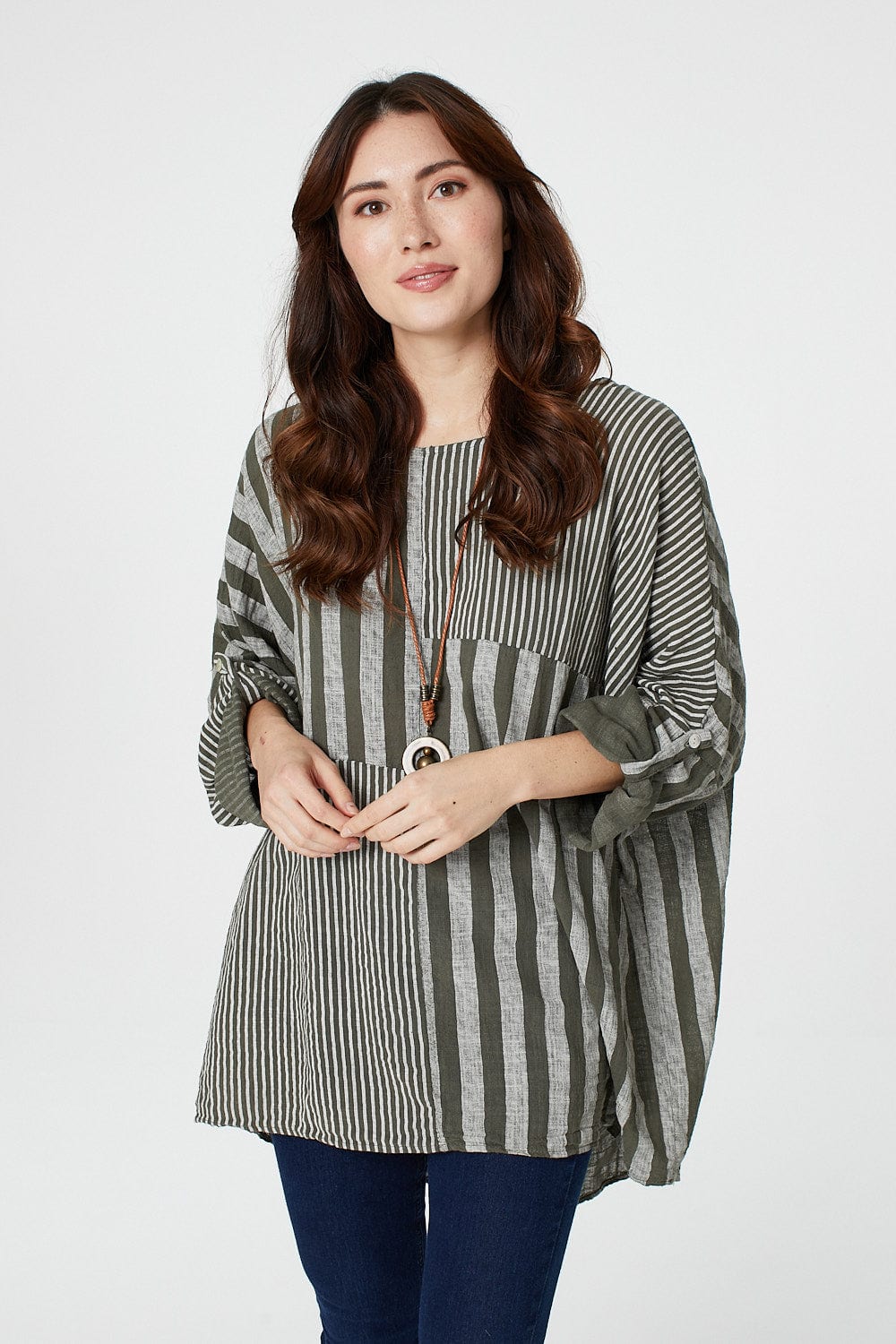 Khaki | Striped Oversized Top with Necklace