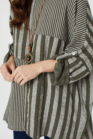Khaki | Striped Oversized Top with Necklace