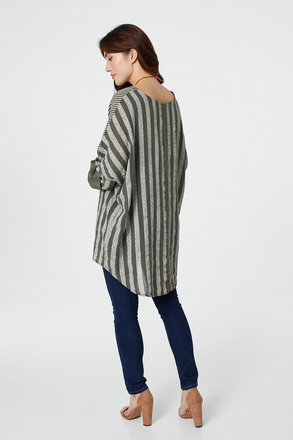 Khaki | Striped Oversized Top with Necklace