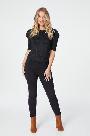 Black | Short Sleeve Knit Top
