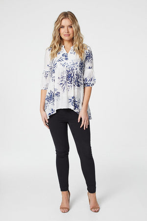 Blue | Floral 3/4 Sleeve Swing Blouse