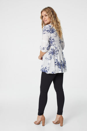 Blue | Floral 3/4 Sleeve Swing Blouse