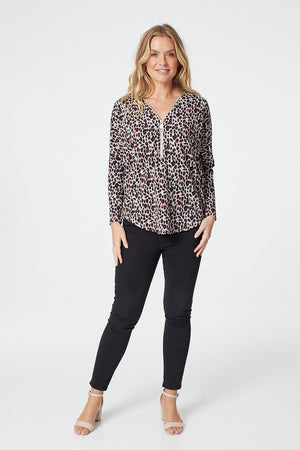 Pink | Animal Print Zip Front Long Sleeve Top