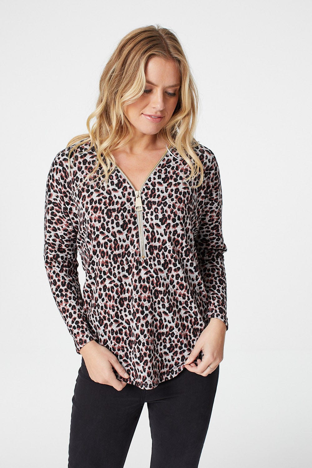 Pink | Animal Print Zip Front Long Sleeve Top