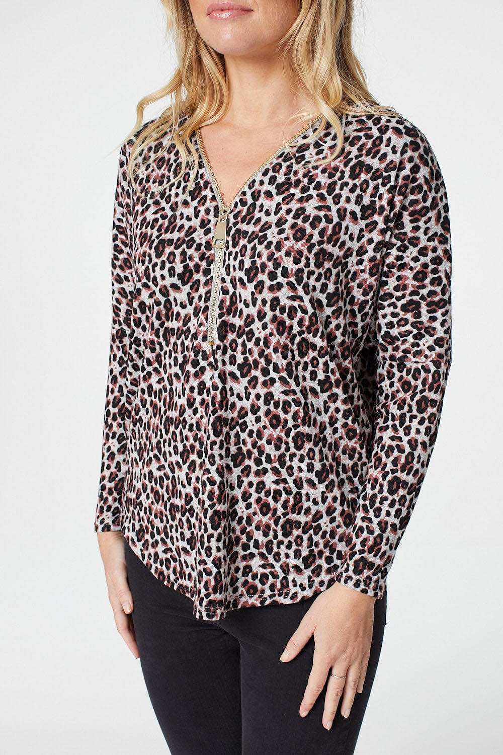 Pink | Animal Print Zip Front Long Sleeve Top