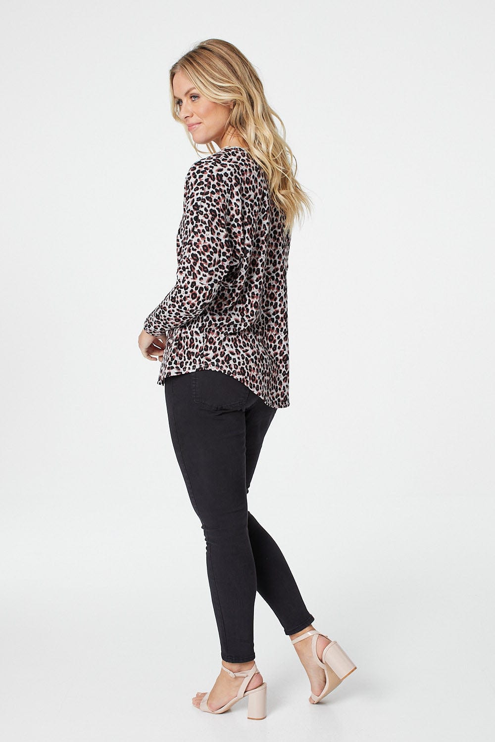 Pink | Animal Print Zip Front Long Sleeve Top