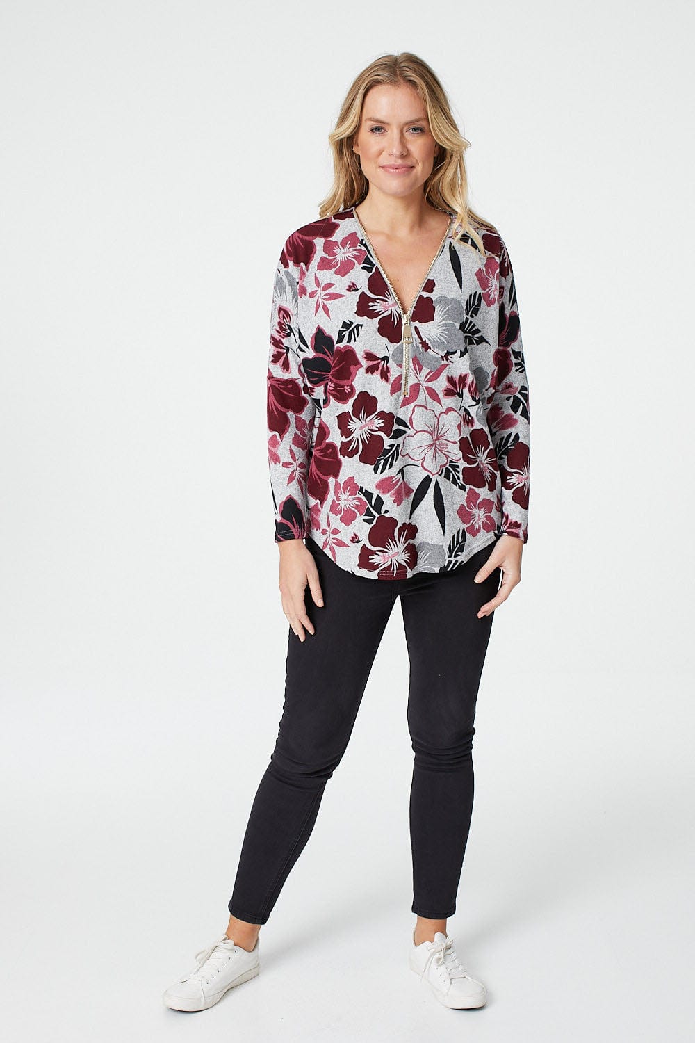 Red | Floral Zip Front Long Sleeve Top