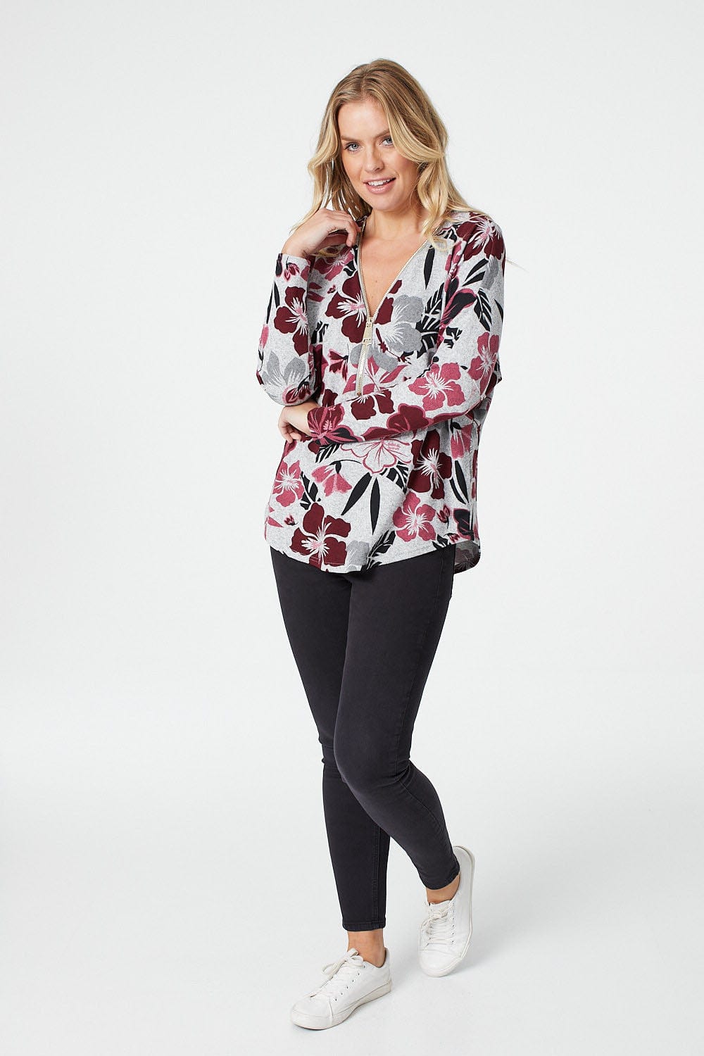 Red | Floral Zip Front Long Sleeve Top