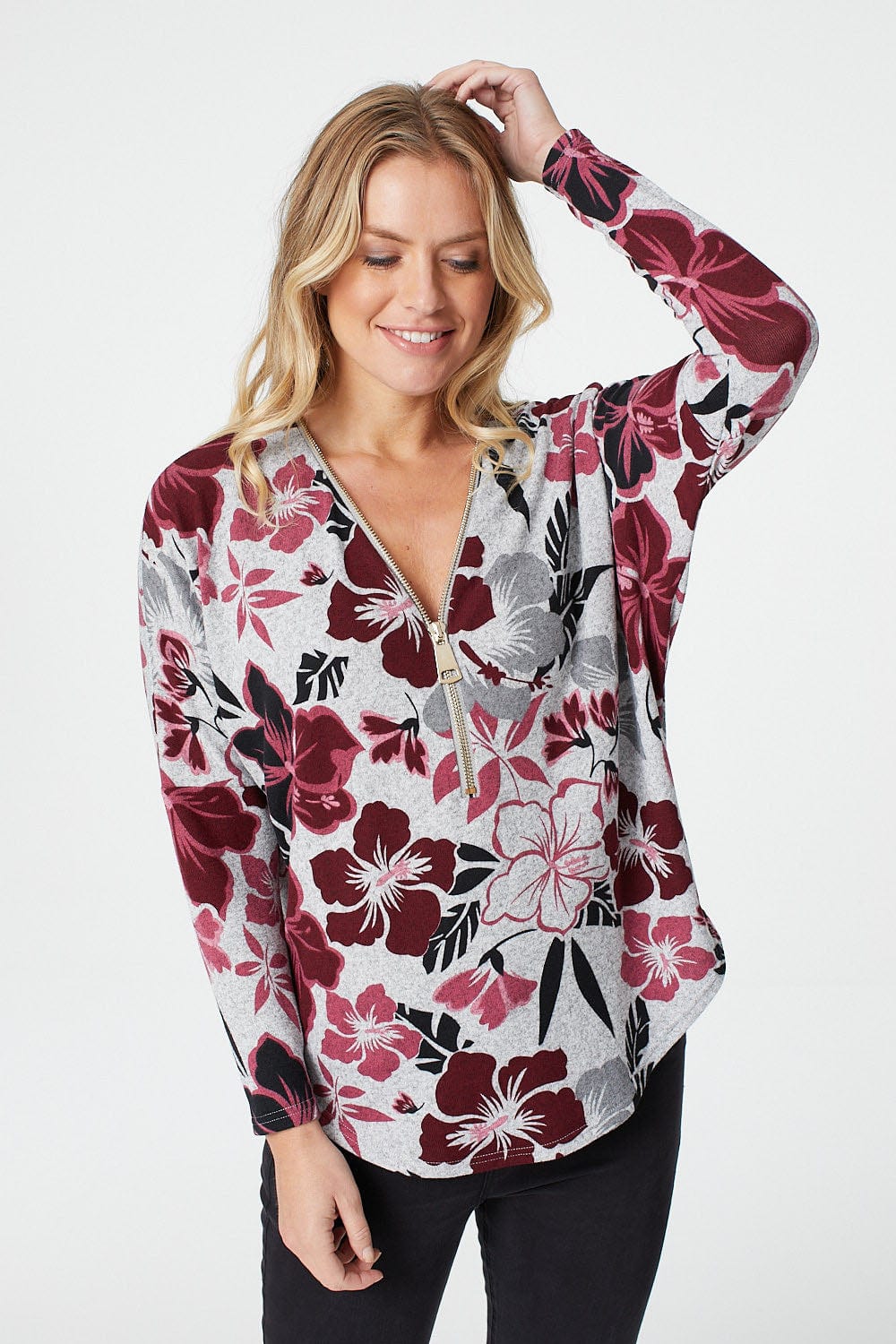 Red | Floral Zip Front Long Sleeve Top