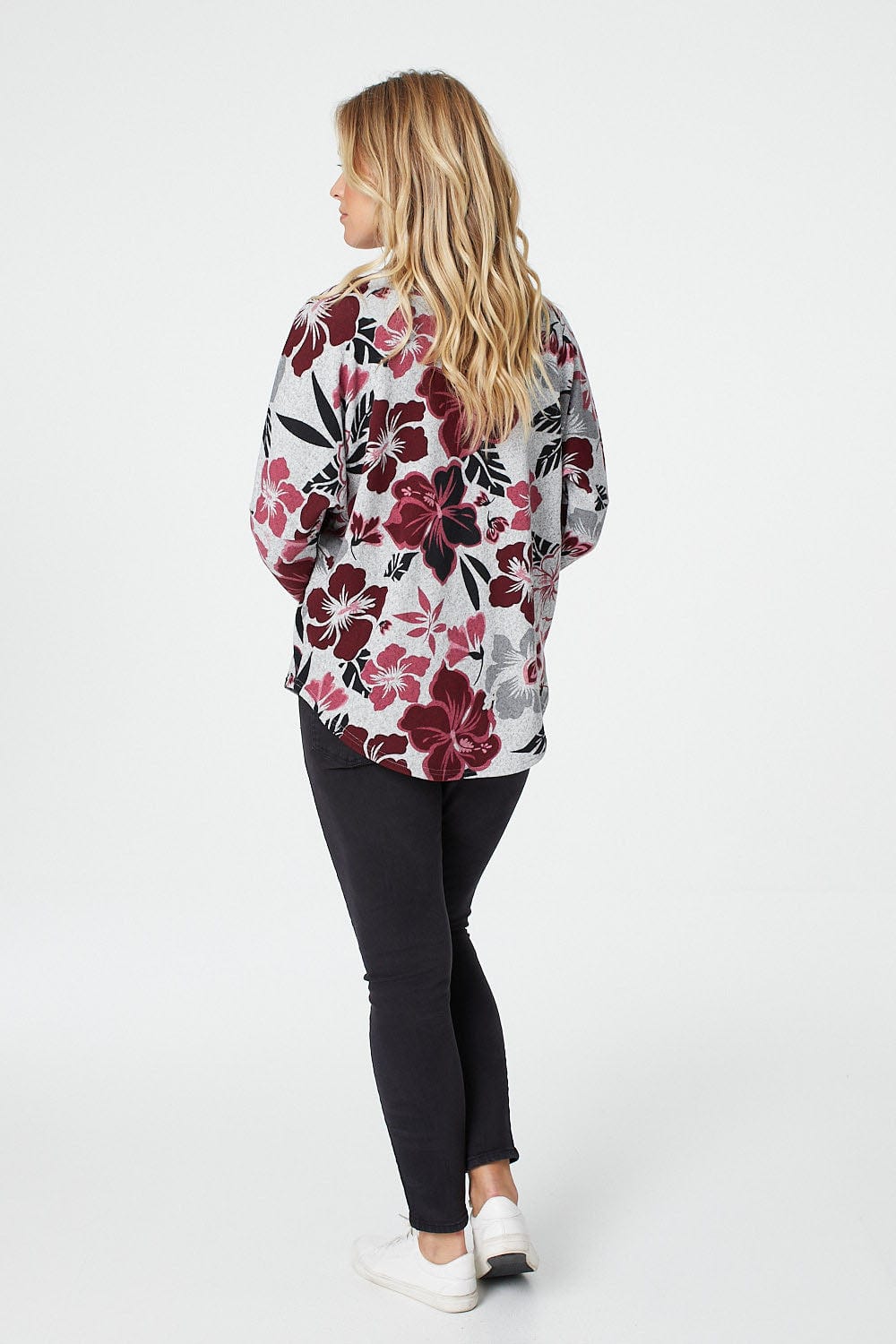 Red | Floral Zip Front Long Sleeve Top