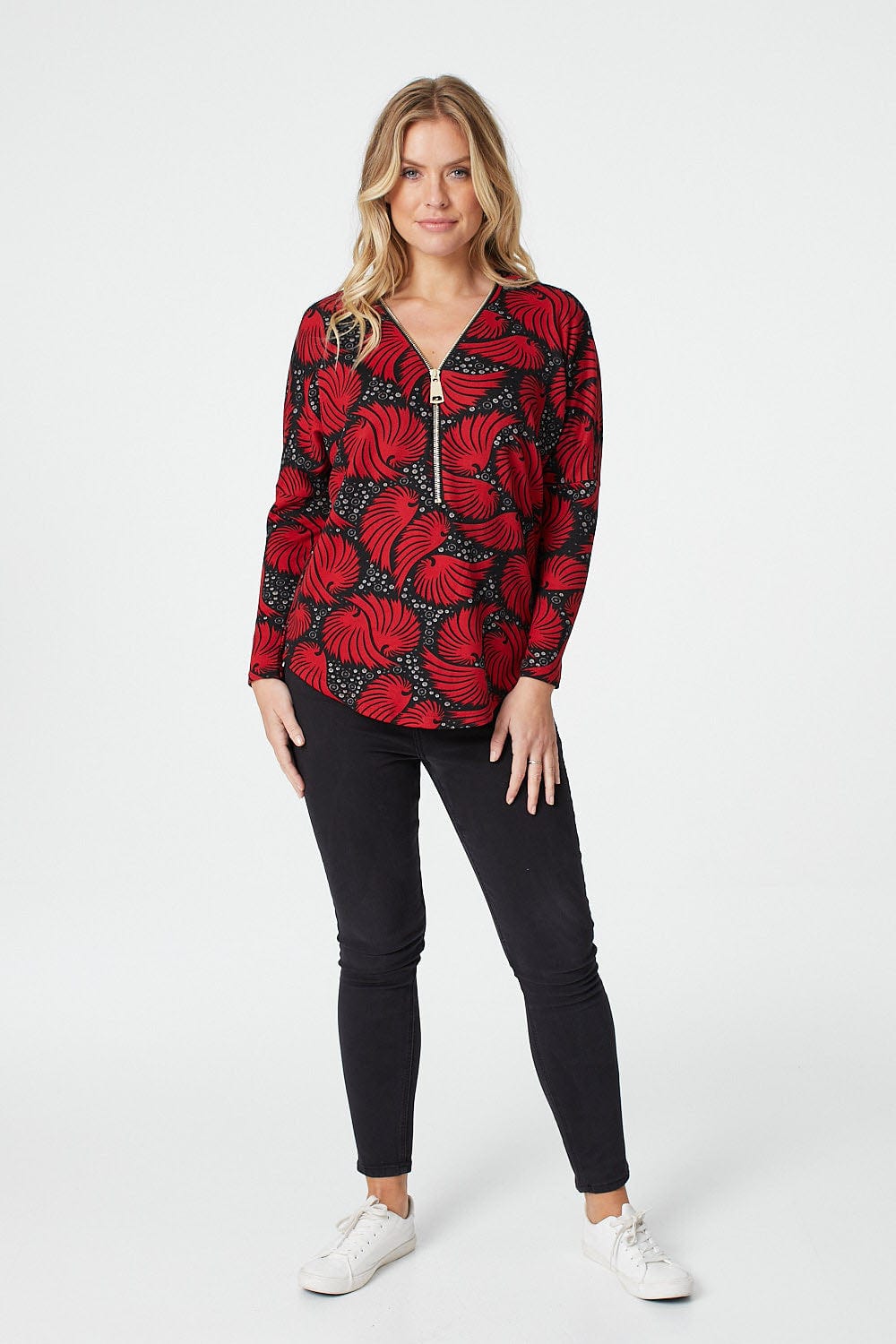 Red | Printed Zip Front Long Sleeve Jumper