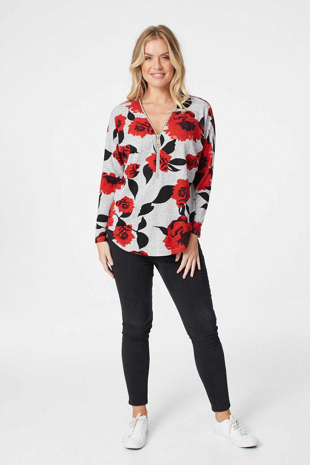 Red | Floral Long Sleeve Zip Front Top