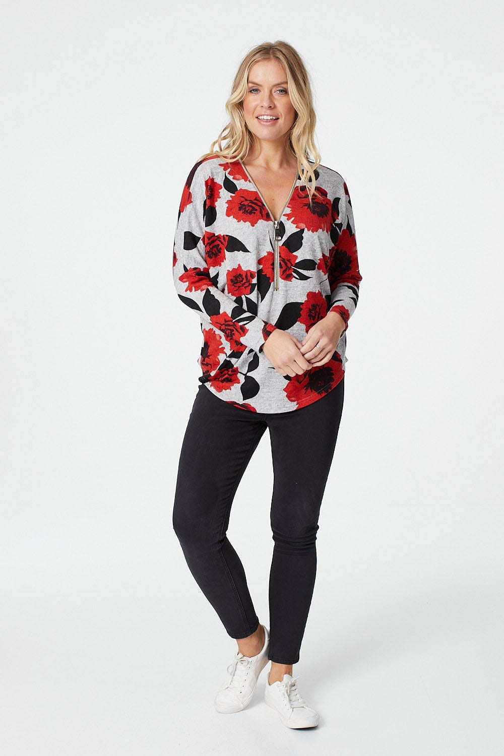 Red | Floral Long Sleeve Zip Front Top