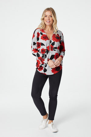 Red | Floral Long Sleeve Zip Front Top
