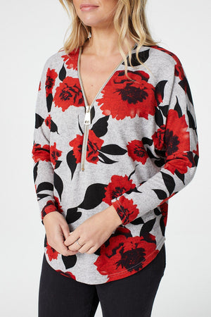 Red | Floral Long Sleeve Zip Front Top