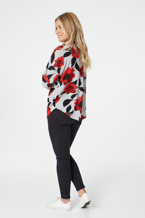 Red | Floral Long Sleeve Zip Front Top