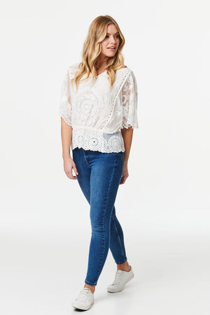 White | Embroidered V-Neck Peplum Blouse