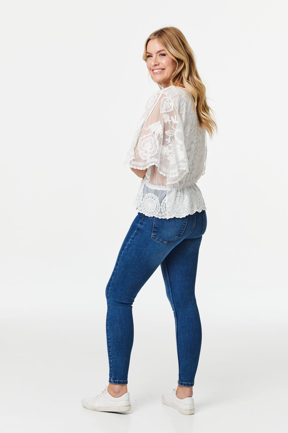 White | Embroidered V-Neck Peplum Blouse