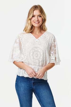 White | Embroidered V-Neck Peplum Blouse