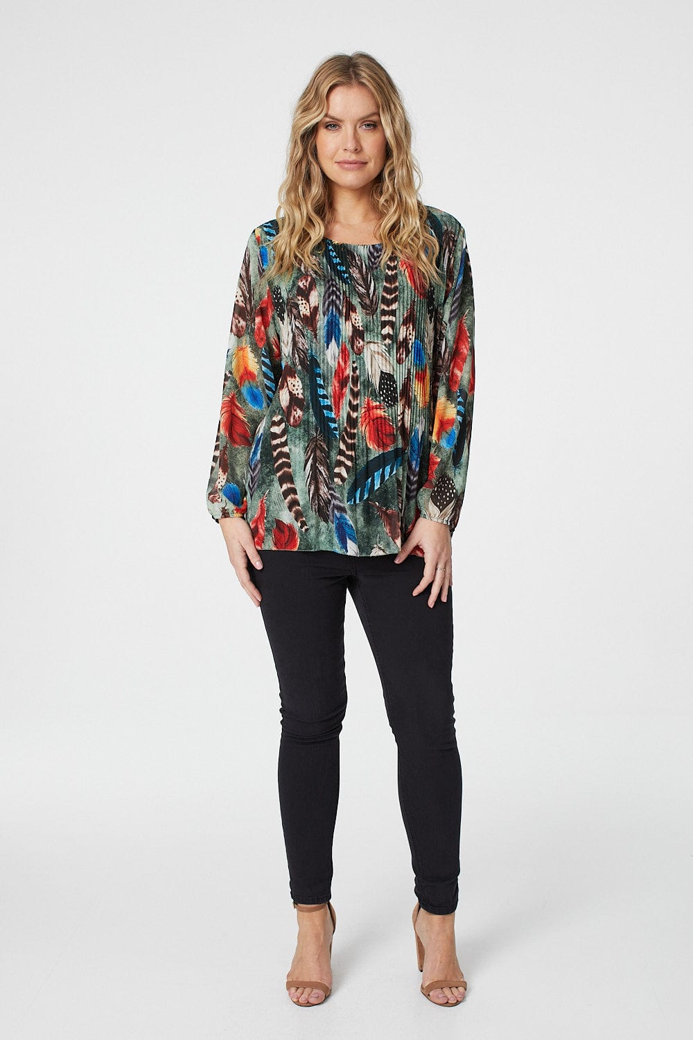 Green | Feather Print Pleated Blouse