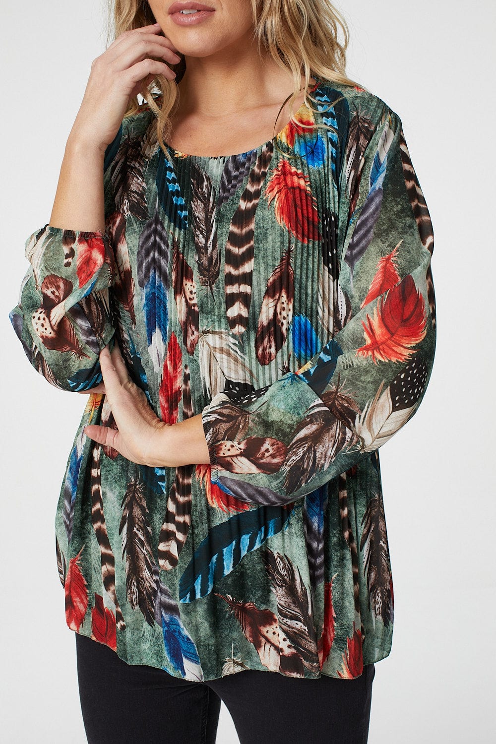 Green | Feather Print Pleated Blouse