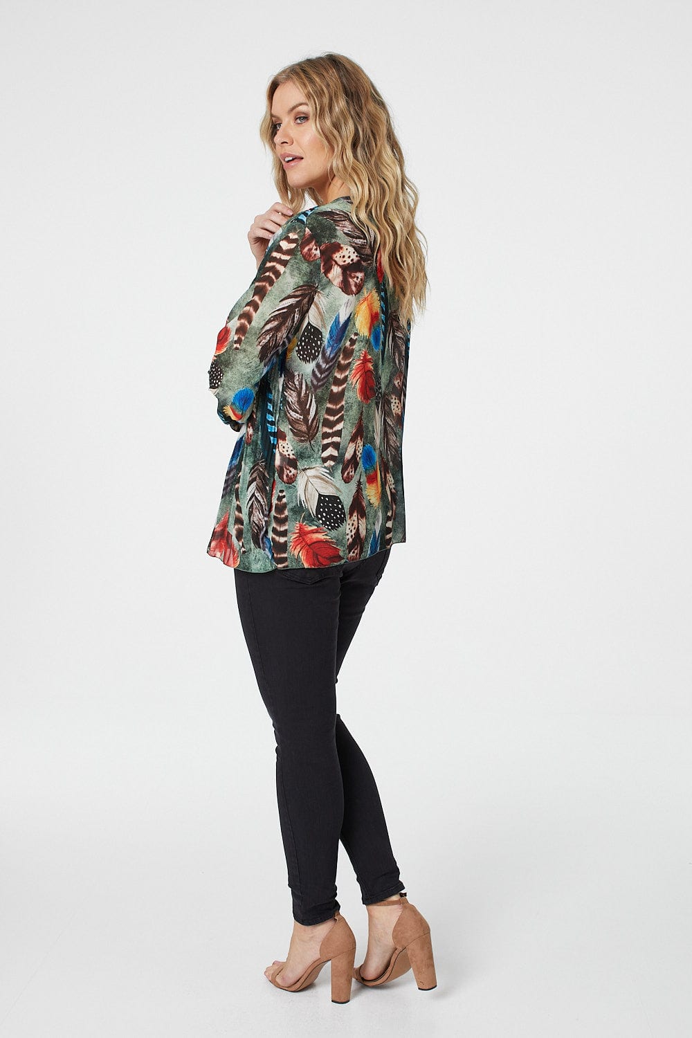 Green | Feather Print Pleated Blouse
