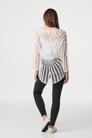 White | Long Sleeve Crochet Tunic Top