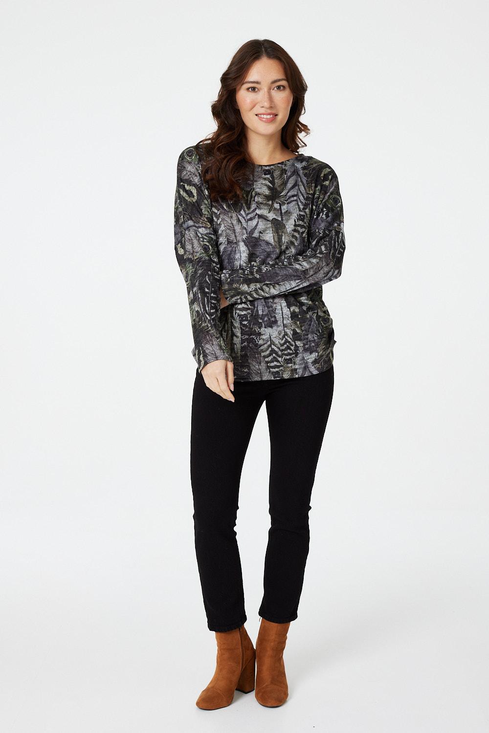 Grey | Peacock Print Slouchy Jumper