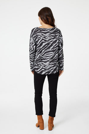 Grey | Zebra Print Slouchy Jumper
