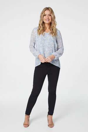 Blue | Ditsy Print Long Sleeve Blouse